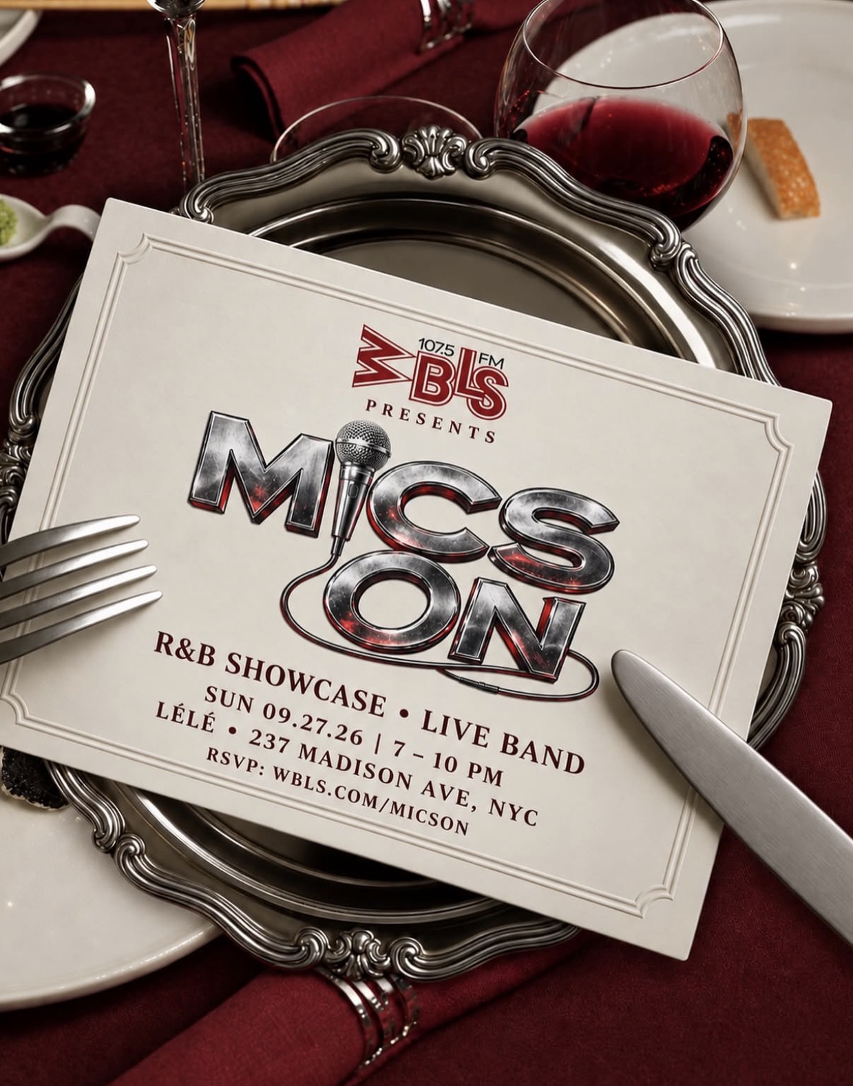 WBLS 107.5 FM presents Mic’s On R&B Showcase with live band, Sunday 09.27.26 at LÉLÉ, 237 Madison Ave, NYC