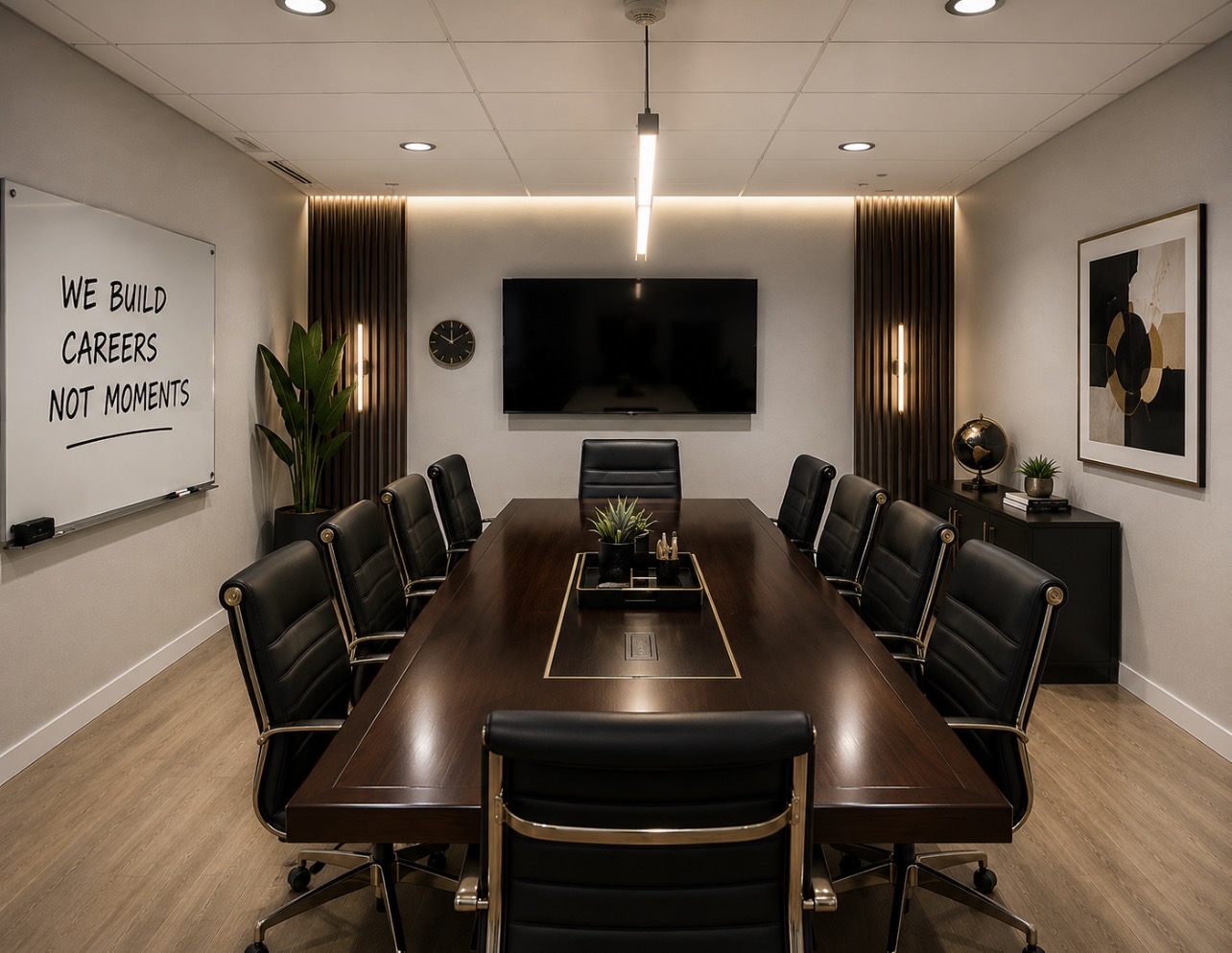 Professional conference room with executive table and board displaying We Build Careers Not Moments