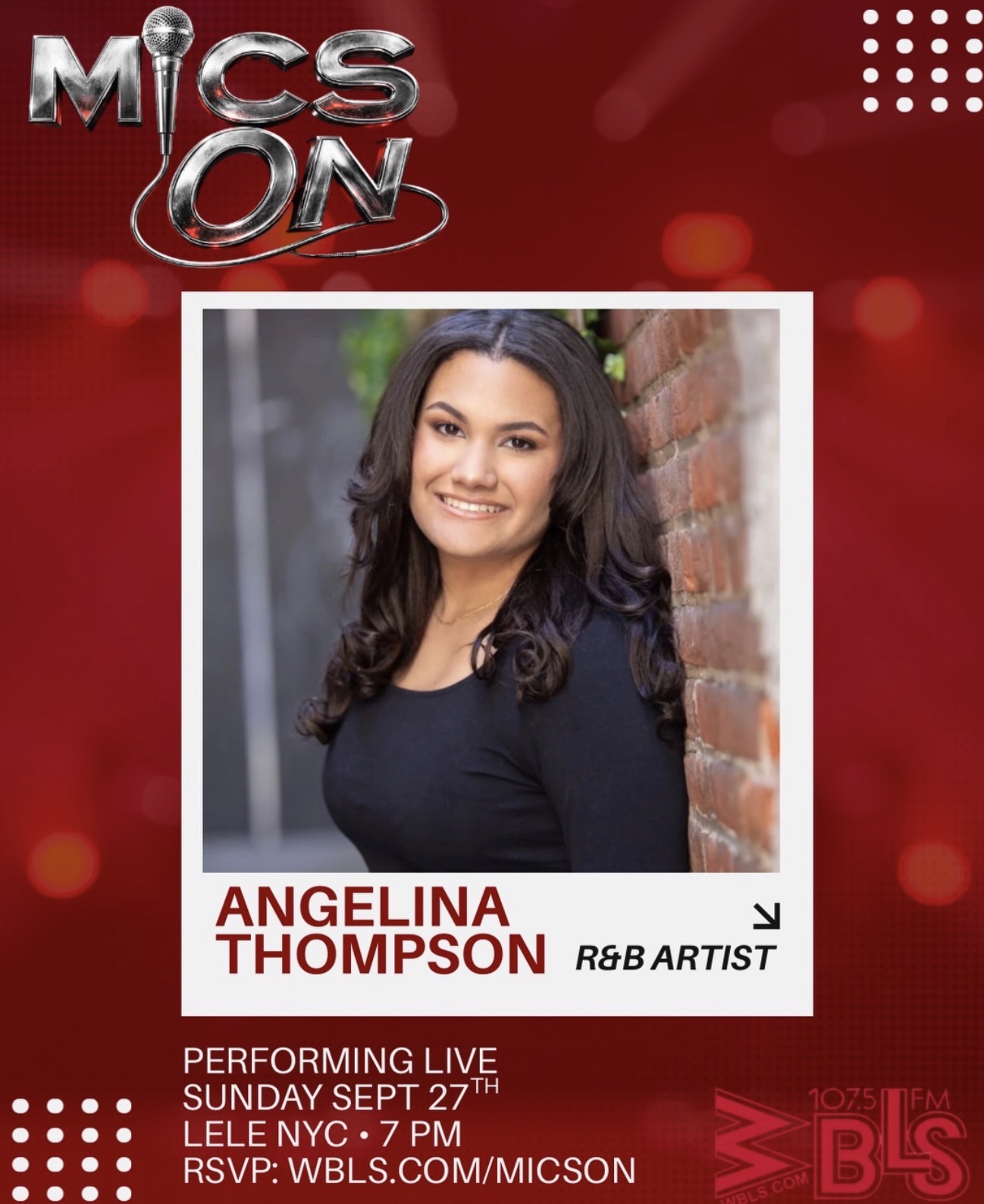 Official WBLS Mic’s On promotional graphic listing Angelina Thompson, R&B artist, performing live Sunday, September 27 at LÉLÉ NYC