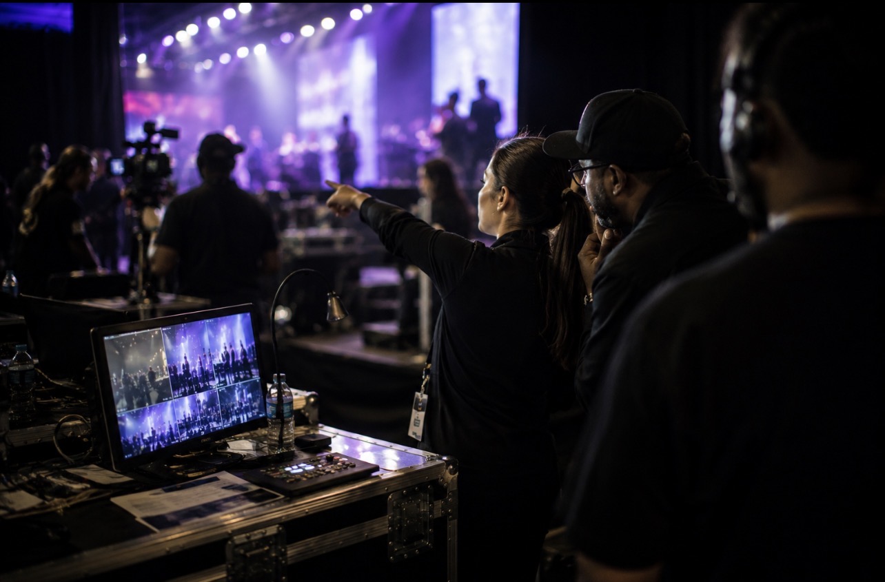 Entertainment professionals collaborating behind the scenes at a live production