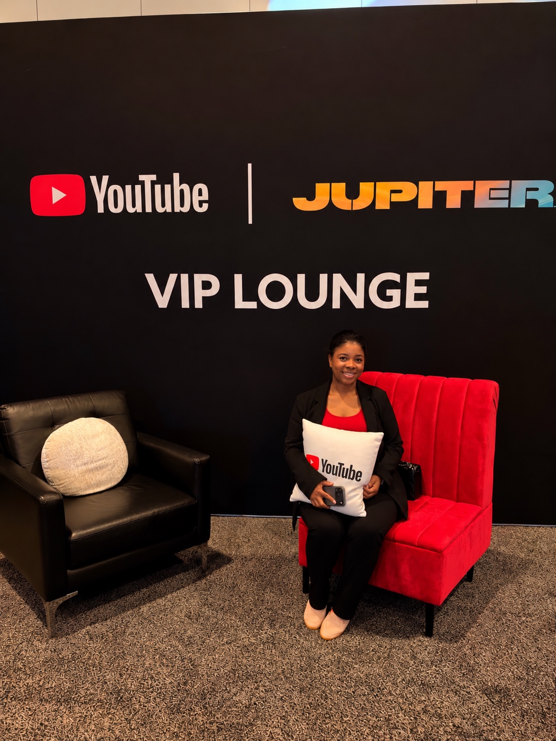 Robyn Antonius seated in the YouTube VIP Lounge