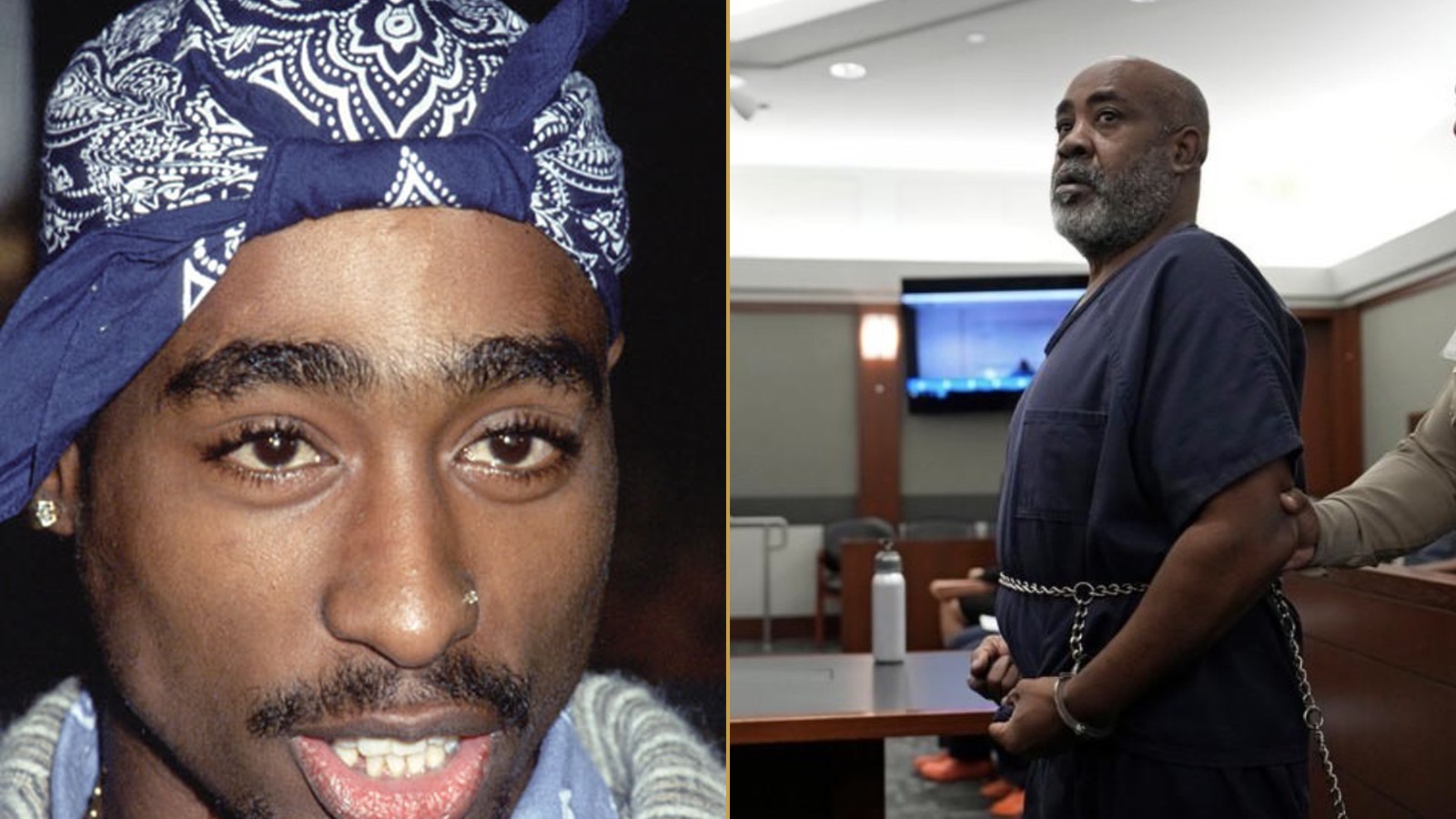 Split editorial hero: a portrait of Tupac Shakur alongside Duane “Keffe D” Davis in a Las Vegas courtroom
